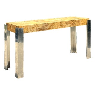 Vintage Laminate Burl Wood and Chrome Console Table For Sale