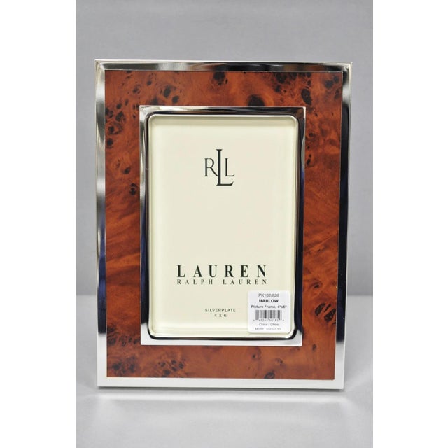 Traditional Late 20th Century Lauren Ralph Lauren Harlow Burl Wood & Silver Plated 4x6 Photo Picture Frame Nib For Sale - Image 3 of 17