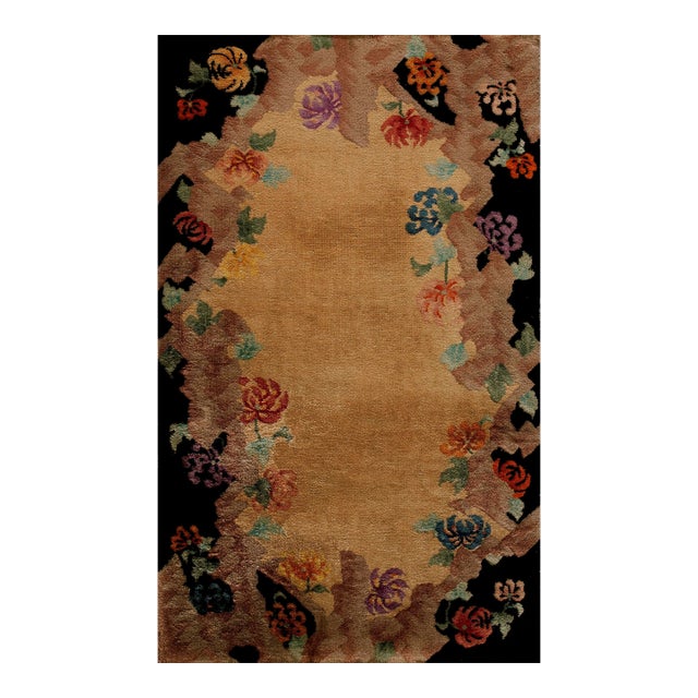 1920s Tan Camel Floral Antique Chinese Art Deco Rug 3' X 4'8'' by Nichols Workshop Wool Knotted Carpet For Sale