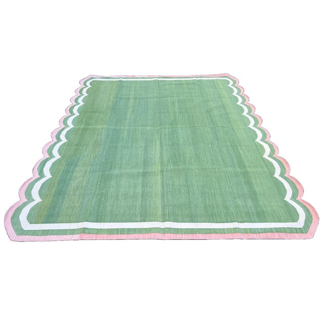 Handmade Cotton Vegetable Dyed Scalloped Rug, Moss Green With Cream and Pink Border - 8'x10' For Sale - Image 9 of 10