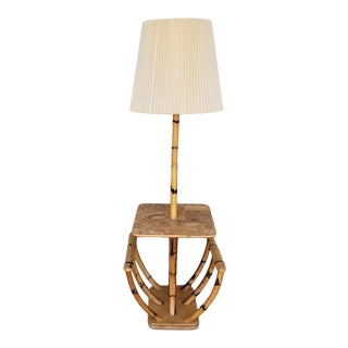 Vintage Mid-Century Modern Bamboo Rattan Floor Lamp With Table & Magazine Racks For Sale