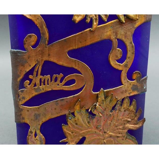 Blue Mid 20th Century Anca Podaru Ama Romanian Copper Overlay Handled Art Glass Nouveau Vase For Sale - Image 8 of 10