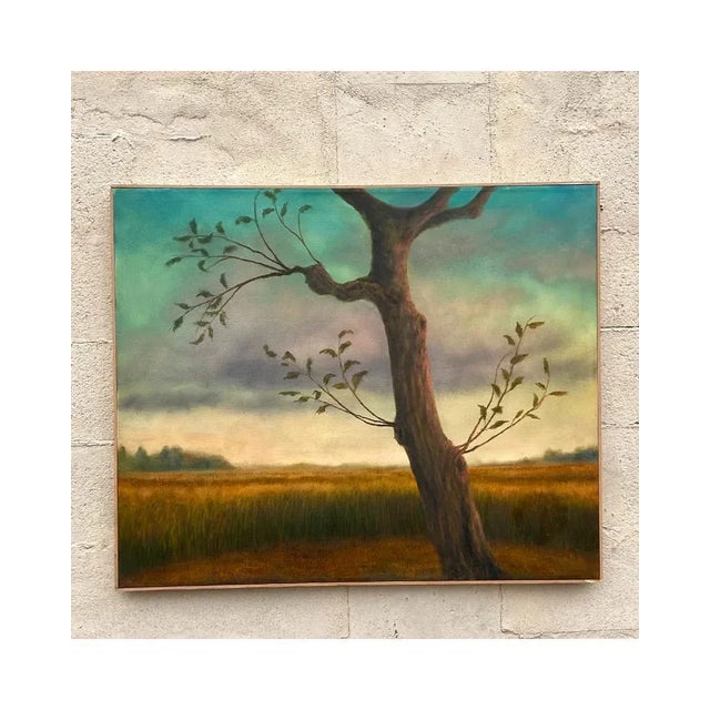 Embrace the serene beauty of nature with this Vintage Boho Abstract Expressionist Oil Painting. This original piece...