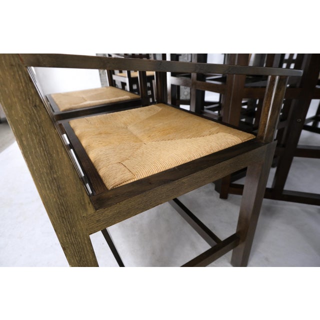 Late 20th Century Brown Oak Cassina Macintosh Drop Leaf Dining Table 6 Rush Seat Chairs Set Mint For Sale - Image 6 of 18