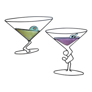 Vintage Hanging Metal Wall Art Sculptured Martini Glasses Bar Decor For Sale