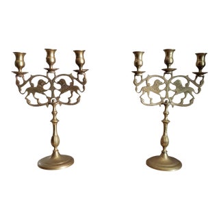 Brass Three Cup Lions of Judah Candelabra - a Pair For Sale