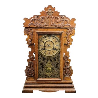 Antique New Haven "Maine Line" 8-Day Striking Stenciled Glass & Wood Case Mantel Clock For Sale