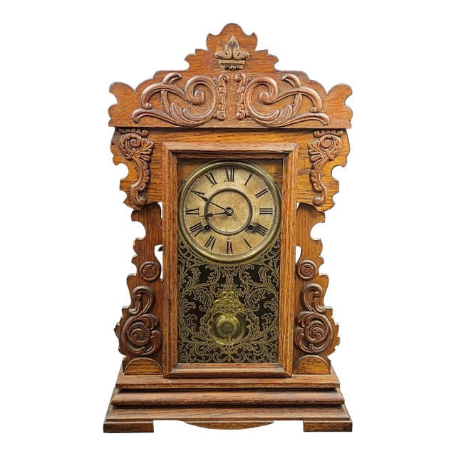 Antique New Haven "Maine Line" 8-Day Striking Stenciled Glass & Wood Case Mantel Clock For Sale