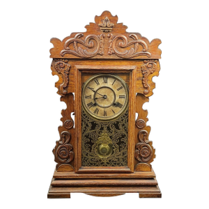 Antique New Haven "Maine Line" 8-Day Striking Stenciled Glass & Wood Case Mantel Clock
