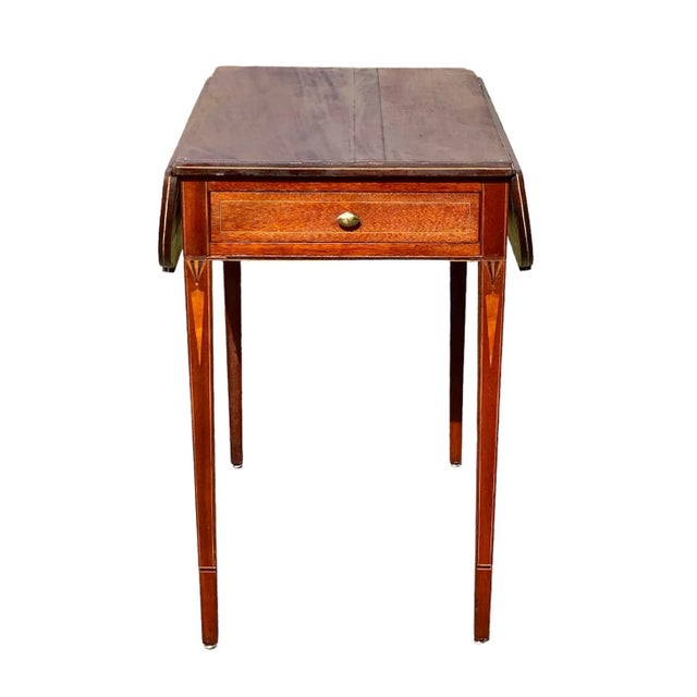Early 20th Century Antique Mahogany Drop Leaf Table With Drawer & Icicle Inlaid Legs For Sale - Image 4 of 12