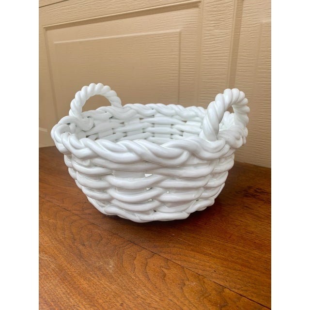 1980s Italian White Ceramic Trompe L’Oeil Woven Basket Cachepot For Sale - Image 4 of 12