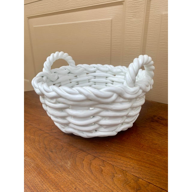 French Provincial Italian White Ceramic Woven Cachepot Basket For Sale - Image 3 of 11