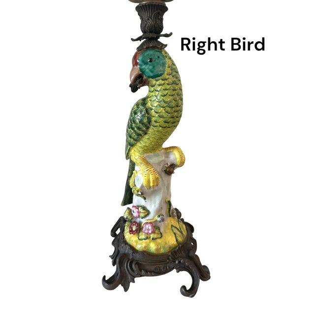 Chinoiserie Early 20th Century Painted Chinoiserie Style Porcelain and Bronze Ormolu Fitted Parrot Table Lamps - A Pair For Sale - Image 3 of 11