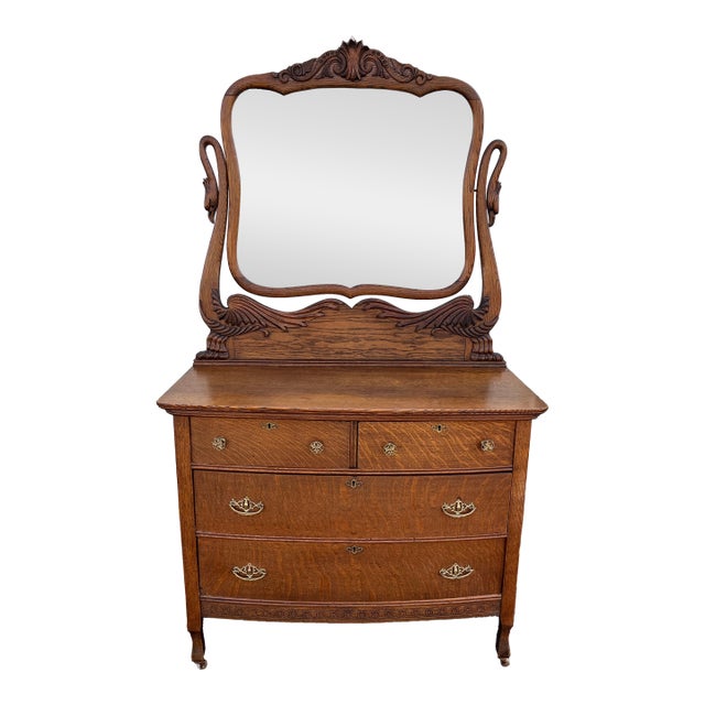 Early American Tiger Oak Dresser With Carved Swan Mirror For Sale