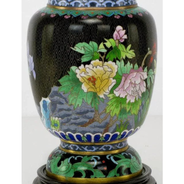 Ceramic Colorful Floral Cloisonne Vases on Carved Bases - a Pair For Sale - Image 7 of 11