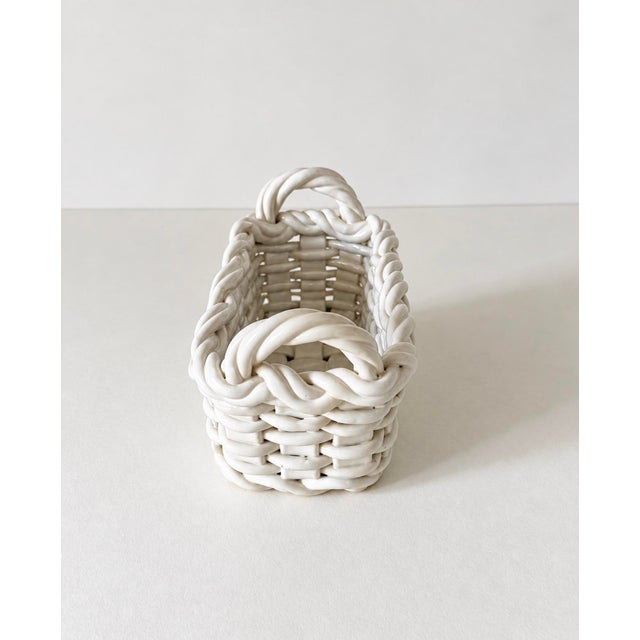 Ceramic 1980s White Ceramic Woven Lattice Rectangular Handled Cachepot or Basket For Sale - Image 7 of 11