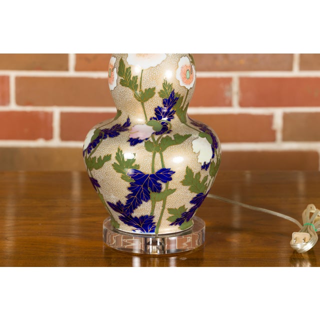 Mid 20th Century French Porcelain Bulbous Table Lamp with Floral Décor on Lucite Base For Sale - Image 12 of 12