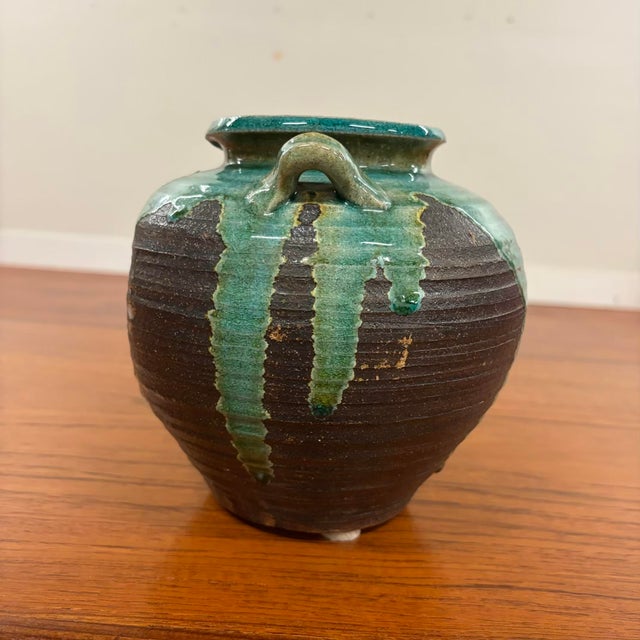 Ceramic Vintage Oribe Style Studio Pottery Handled Vessel With Emerald Green Drip Glaze For Sale - Image 7 of 10