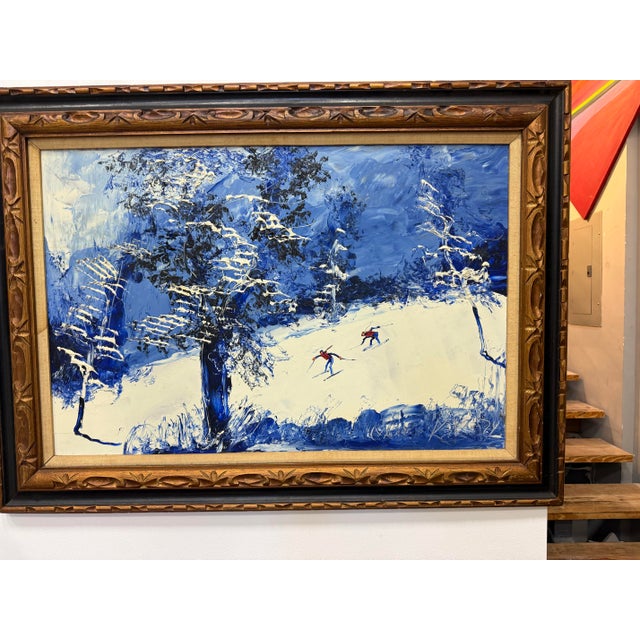 Available: Vintage Winter landscape featuring people skiing. Some impasto well executed. Original carved wood frame.