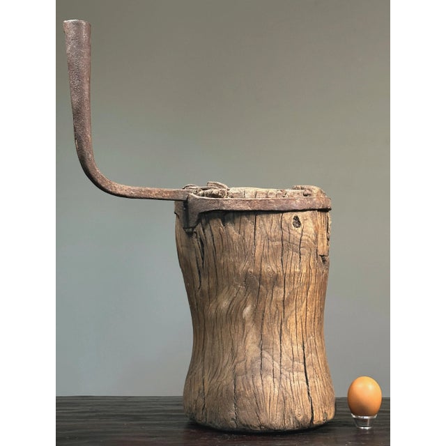 Antique Primitive Hand Carved Wood Vessel With Cast Iron Handle For Sale - Image 4 of 9