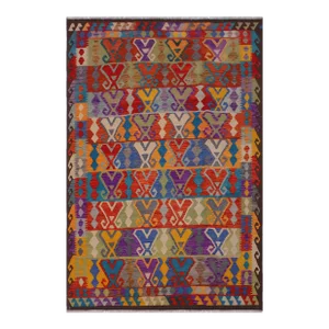 Abstract Kilim Red Gold Wool Rug - 6'7" X 9'7"