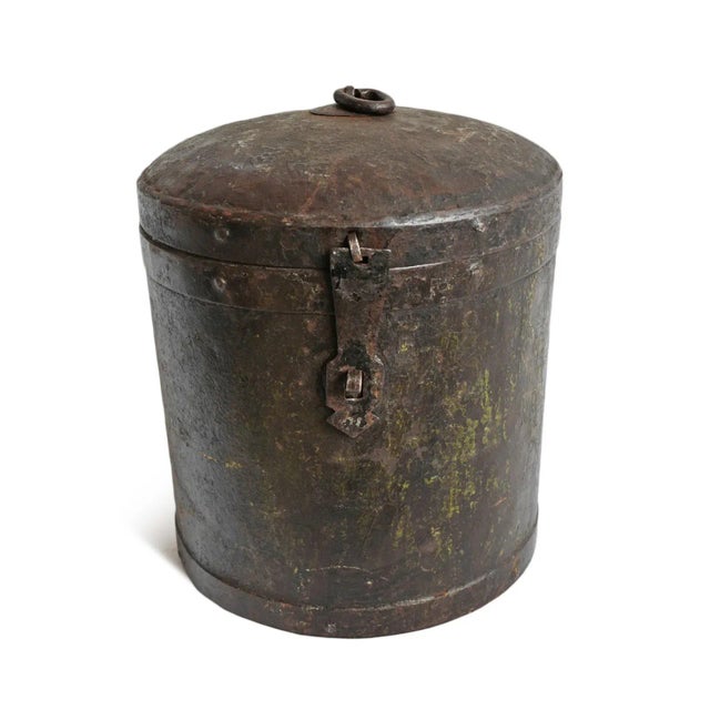 Vintage industrial metal storage can from India. Wonderful aged patina and textures.