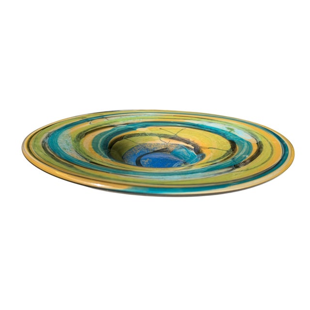 Contemporary Vintage Handcrafted Art Glass Charger Bowl in Blue, Teal & Amber Swirl Glaze For Sale - Image 3 of 11