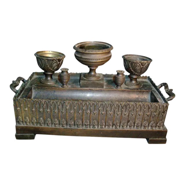 19th Century Gothic French Charles X Patinated Bronze Inkwell or Encrier For Sale