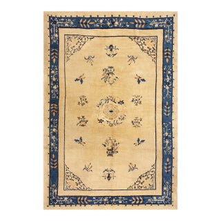 1920s Beige Cream Floral Modern Antique Chinese Peking Rug 6'2" X 8'8" Hand Knotted Wool Carpet For Sale