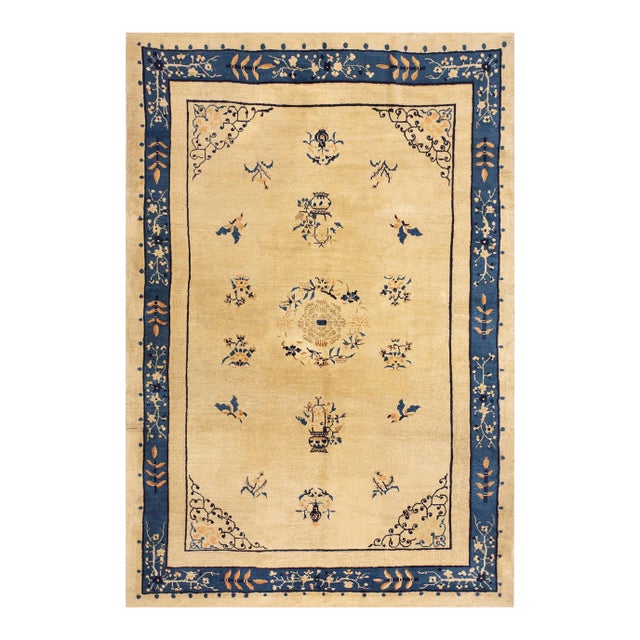 1920s Beige Cream Floral Modern Antique Chinese Peking Rug 6'2" X 8'8" Hand Knotted Wool Carpet For Sale