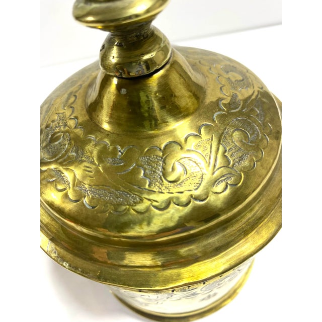Indian 1960s Etched Brass Tobacco Jar With Lid – Indian Floral Brass Trinket Jar or Boho Catchall For Sale - Image 3 of 8
