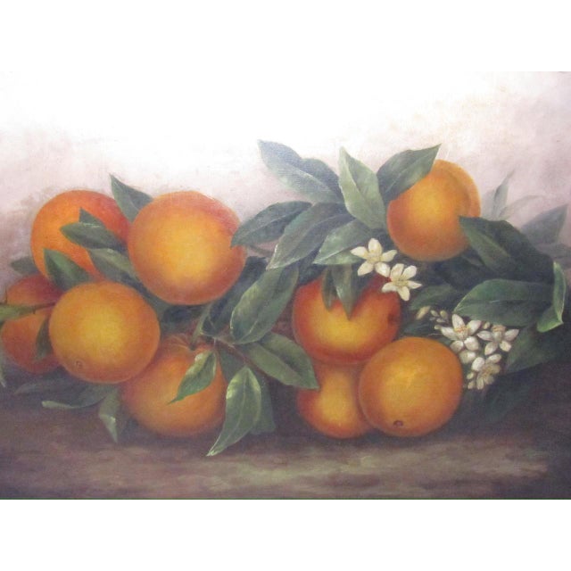 Antique English oil canvas still life painting of oranges, 1870. This elegant oil painting features vibrant colored...