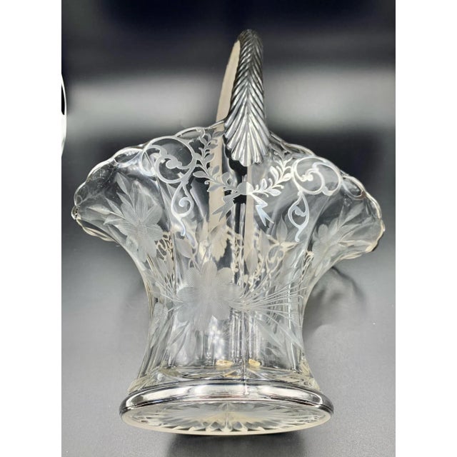 Mid-Century Modern Antique Etched Floral Sterling Silver Overlay Wedding Bride's Basket For Sale - Image 3 of 13