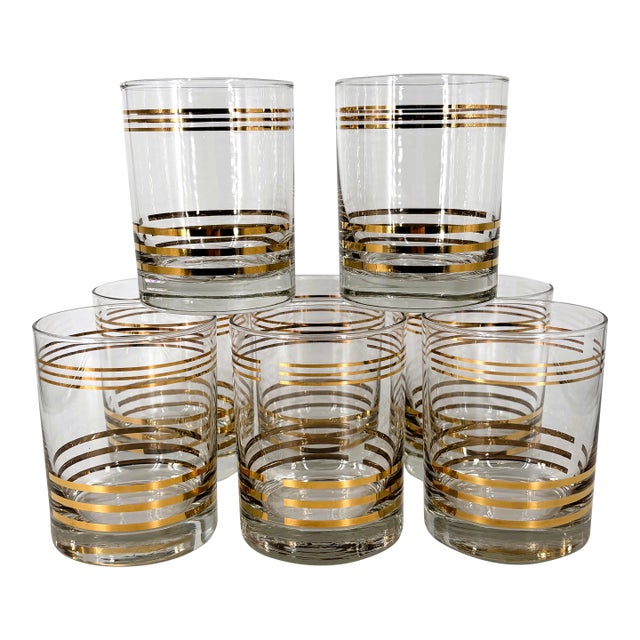 Mid 20th Century Modern Gold Banded Lowball Glasses Set of 4 Mad Men Barware For Sale