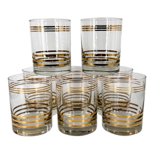 Mid 20th Century Modern Gold Banded Lowball Glasses Set of 4 Mad Men Barware