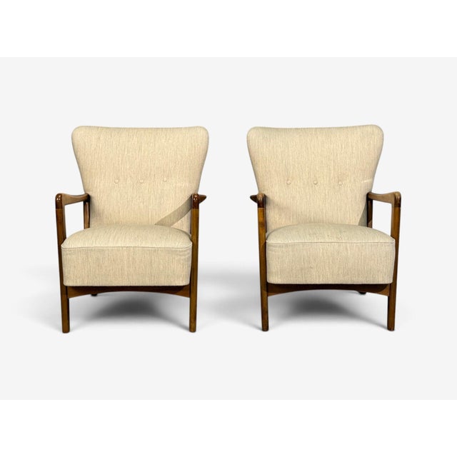 1940s Søren Hansen, Lounge Chairs, Wool, Beech, Denmark, 1940s For Sale - Image 5 of 12