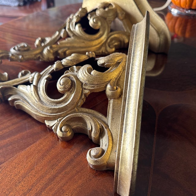 1980s Set of Two Syroco Wood Shelves, Sconces, Gold For Sale - Image 9 of 11
