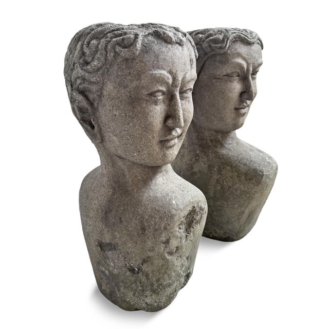 Mid 20th Century Pair of Vintage Stone Garden Goddess Busts For Sale - Image 5 of 11