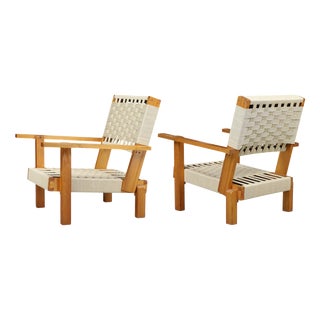 Italian Pine and Woven Cord Lounge Chairs, 1970s, Set of 2 For Sale