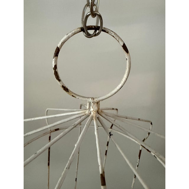 Metal Mid-Century Modern White Wire Hanging Birdcage Plant Stand With Orange Ceramic Planter For Sale - Image 7 of 7