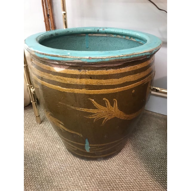 Large Chinese Clay Dragon Egg Pot Planter With Turquoise Inside Chairish