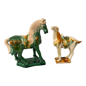 Vintage Chinese Tang Drip Glaze War Horse Figurines- Set of 2