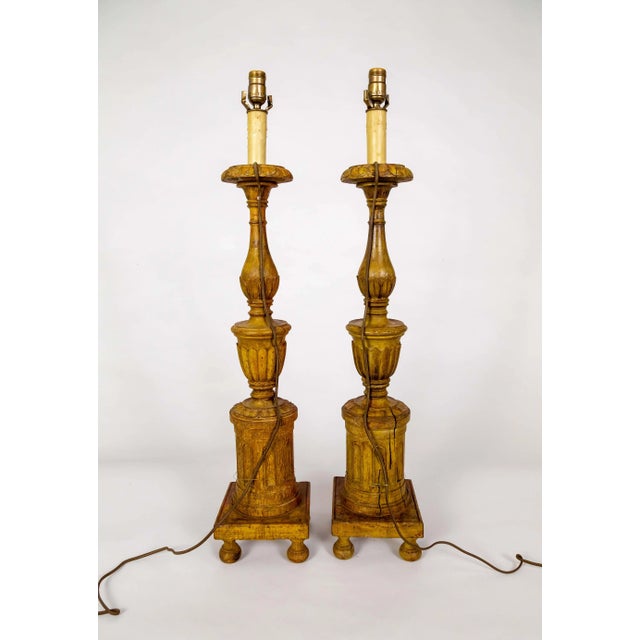Brown Early 20th Century Large Neoclassical Carved Gilt Wood Lamps - Pair For Sale - Image 8 of 12