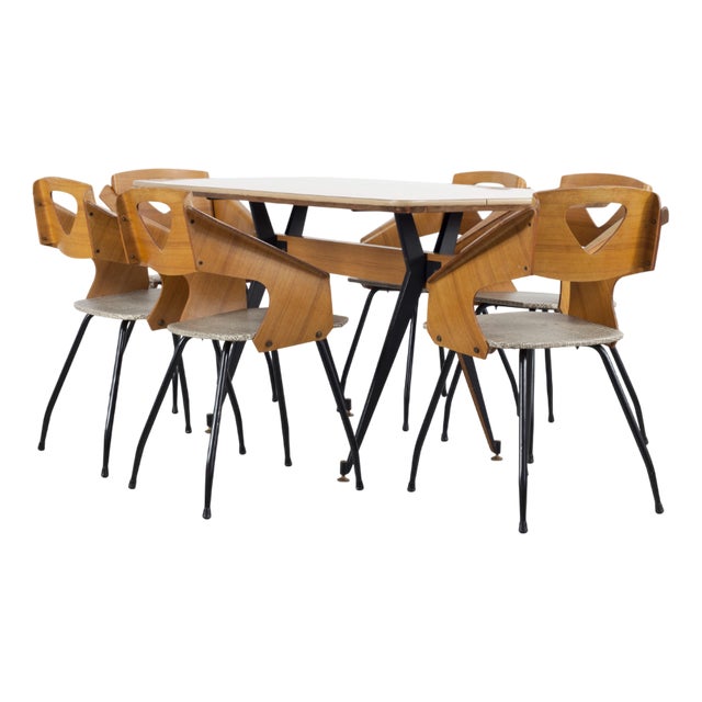 Italian Dining Table and Chairs by Carlo Ratti for Industria Legni Curvati, 1950s, Set of 7 For Sale