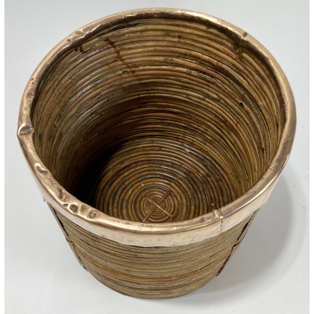 Gabriella Crespi Vintage Gabriella Crespi Style Brass Trim Coiled Rattan Basket For Sale - Image 4 of 5