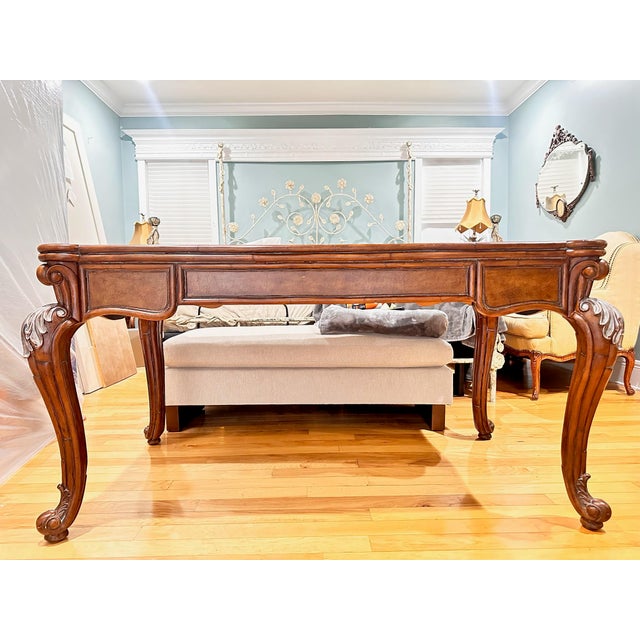 French Provincial Late 20th Century Traditional Carved Wood Executive Desk With Leather Top & Marble Inlay For Sale - Image 3 of 11