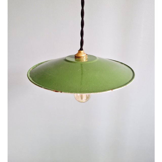 Metal Industrial Pendant Lights in Green Enameled Sheet Metal, 1940s, Set of 3 For Sale - Image 7 of 16