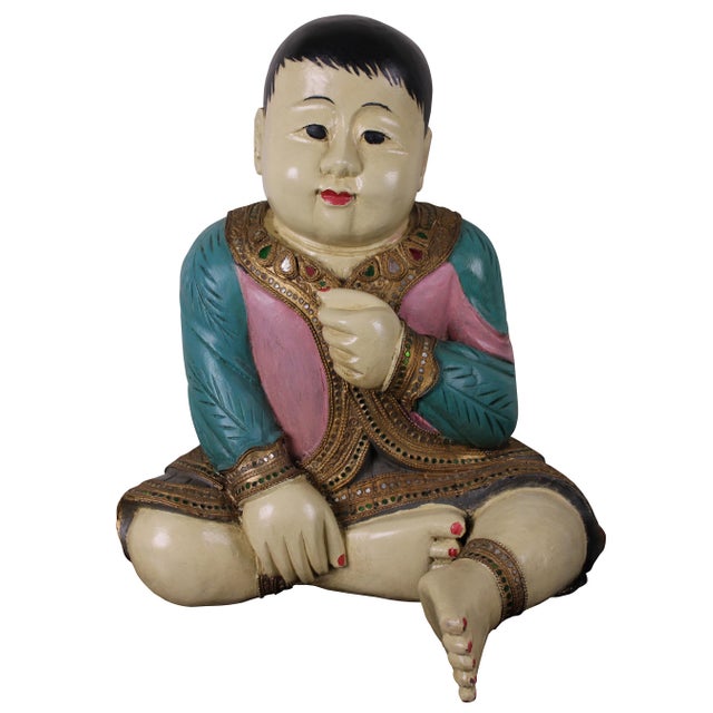 Mid 20th Century Wood Carved Seated Asian Baby Jeweled Lacquered Sculpture, Thailand For Sale - Image 11 of 11