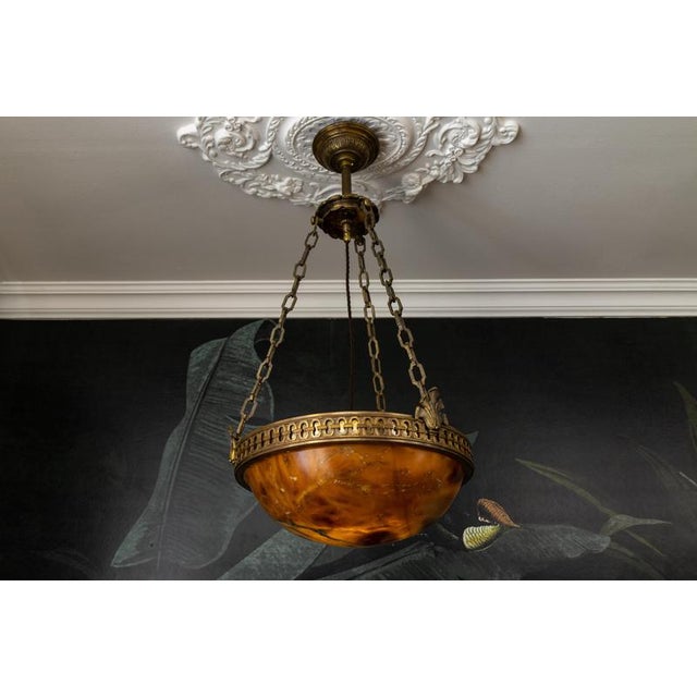 Goldenrod French Art Deco Alabaster and Bronze Pendant Light, 1920s For Sale - Image 8 of 18
