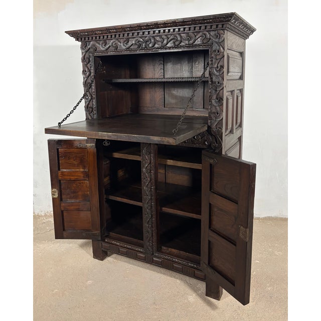 Antique Baroque Oak Fall-Front Cabinet with Deep Carved Decoration, 1880 For Sale - Image 4 of 18